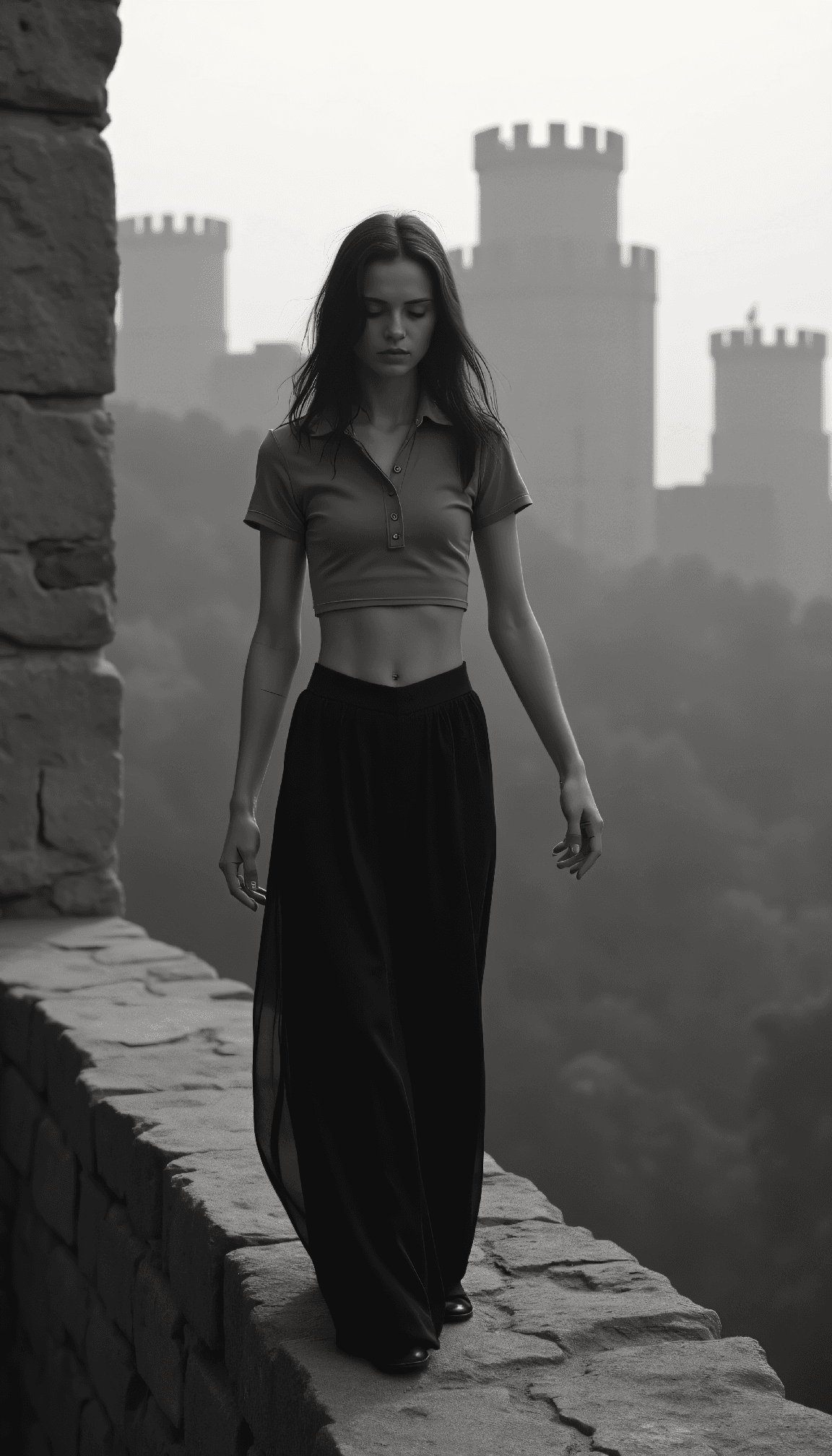 AI generated: dystopian style Black and white fashion photography of a young Tatar-Bantu woman in her mid-twenties...