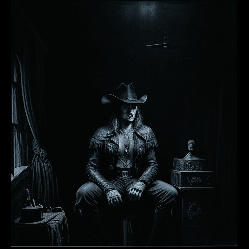 AI generated: A cowboy sitting in a dark room, 80s dark fantasy, dark fantasy, dark fantasy aesthetic, 80s fantasy...