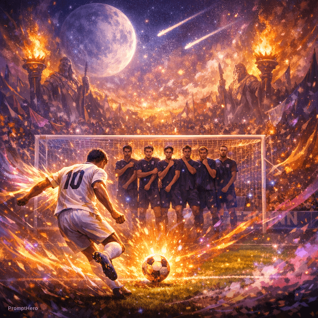 AI generated: A footballer prepares to take a free kick in a deafening atmosphere, 5 meters from the goal. Five me...