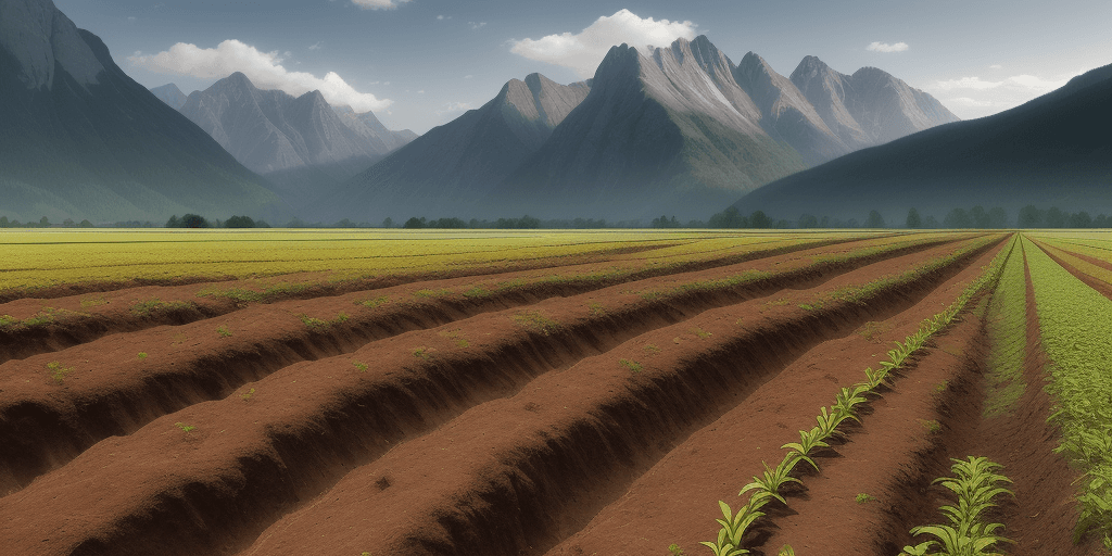AI generated: flast stlye a sown field with trenches against the mountains  