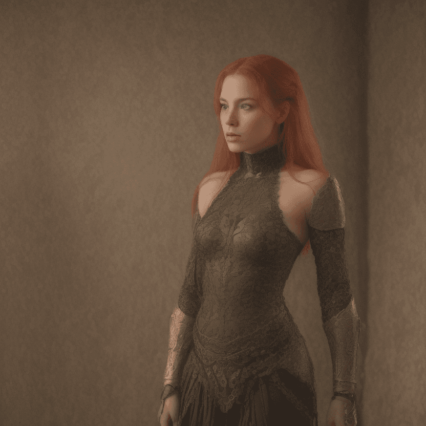 AI generated: A maiden in a medieval inn as the backdrop. Extra long red tresses, a taut body with chiseled abdome...