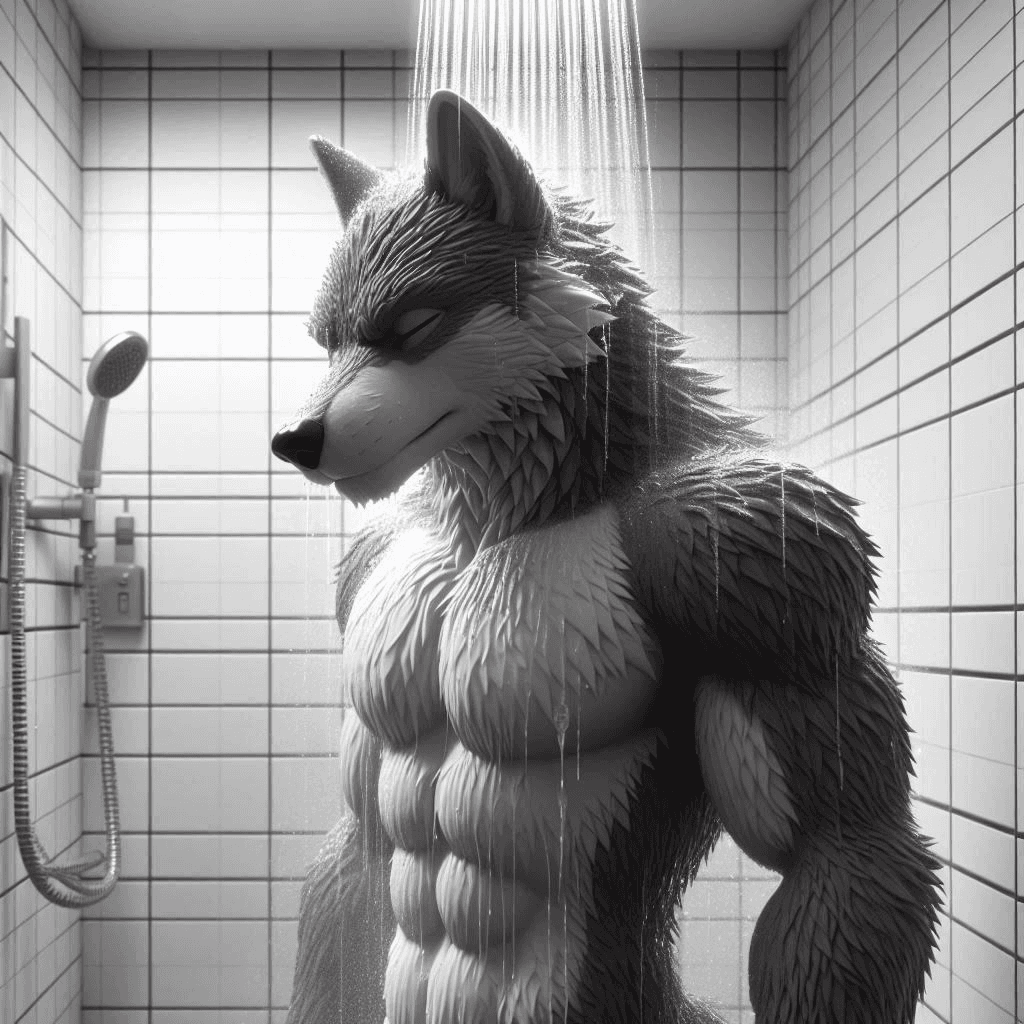 AI generated: 3D animation of a wolf man standing under a shower of water in a room with a tile floor and tile wal...