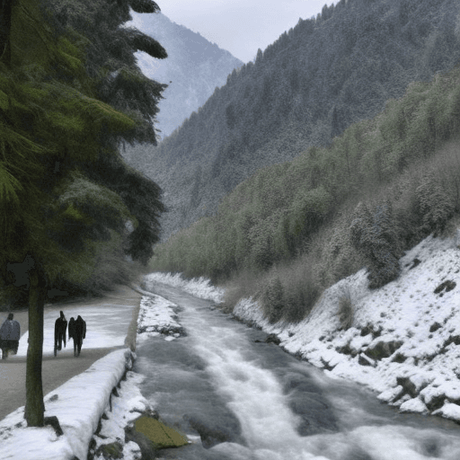 AI generated: Walking tour Kashmir Valley, in the style of green, hills, waterfall, mild snowfall spiritual resona...