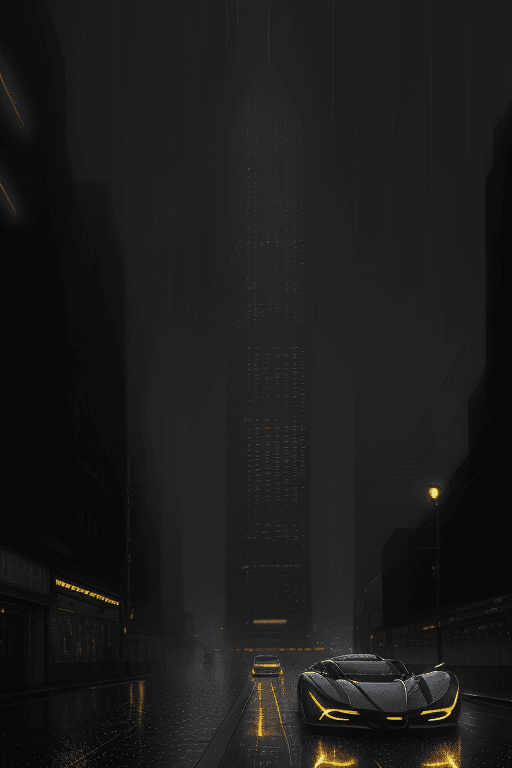 AI generated: a super car reflex gold in Dark and mysterious cityscape at night , neo light, illuminated only by t...