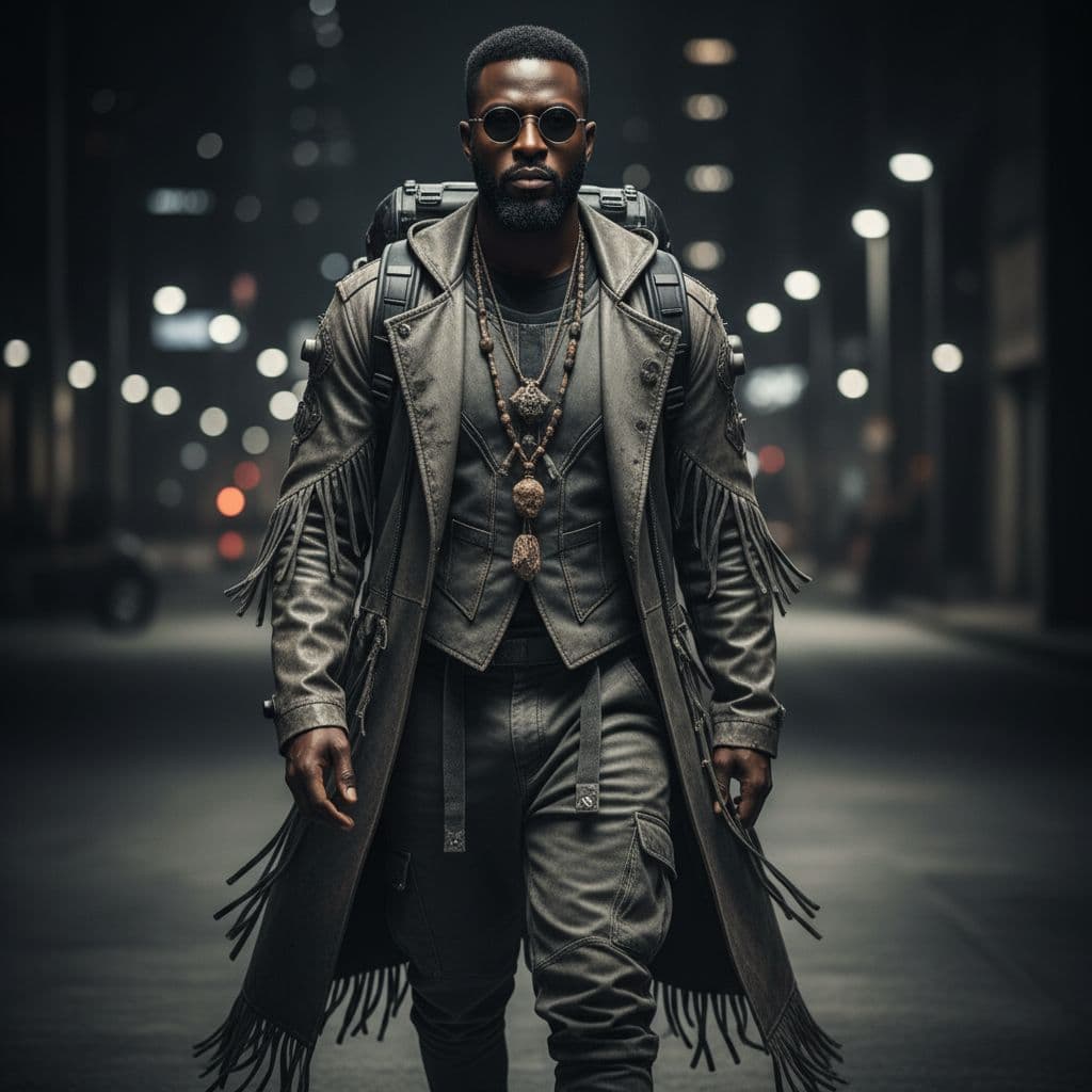 AI generated: dark, stylish, and futuristic figure, likely 30-40 years old with African descent, walks confidently...
