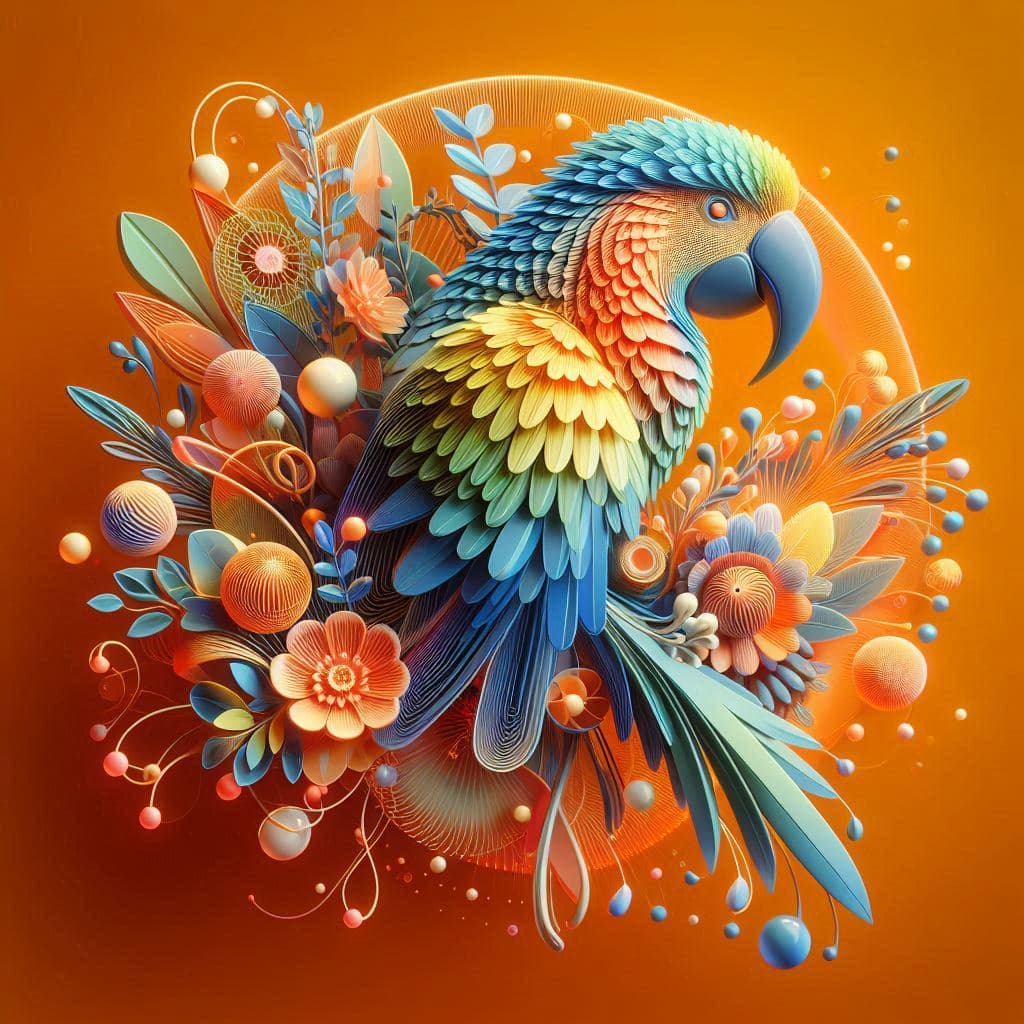 AI generated: abstract 3D shape parot, foliage and flowers incorporated, light emitting, orange background