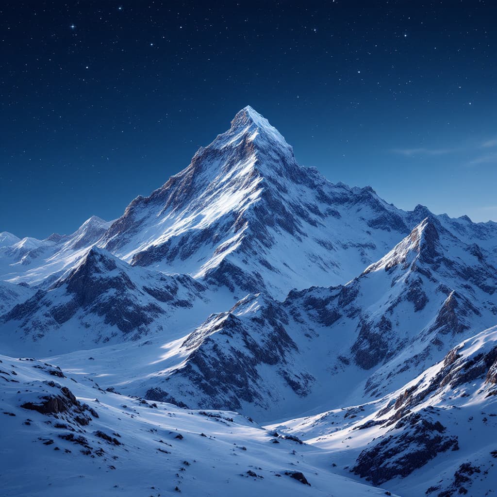 AI generated: Photorealistic depiction of a snowy mountain peak under a starry night sky.
