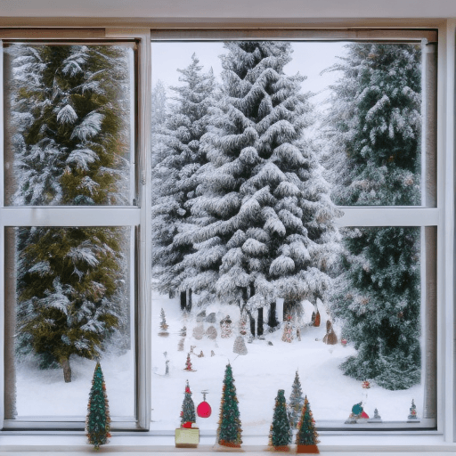 AI generated: view from a window on evening forest, hundreds Christmas trees, lights on all the trees, people hang...