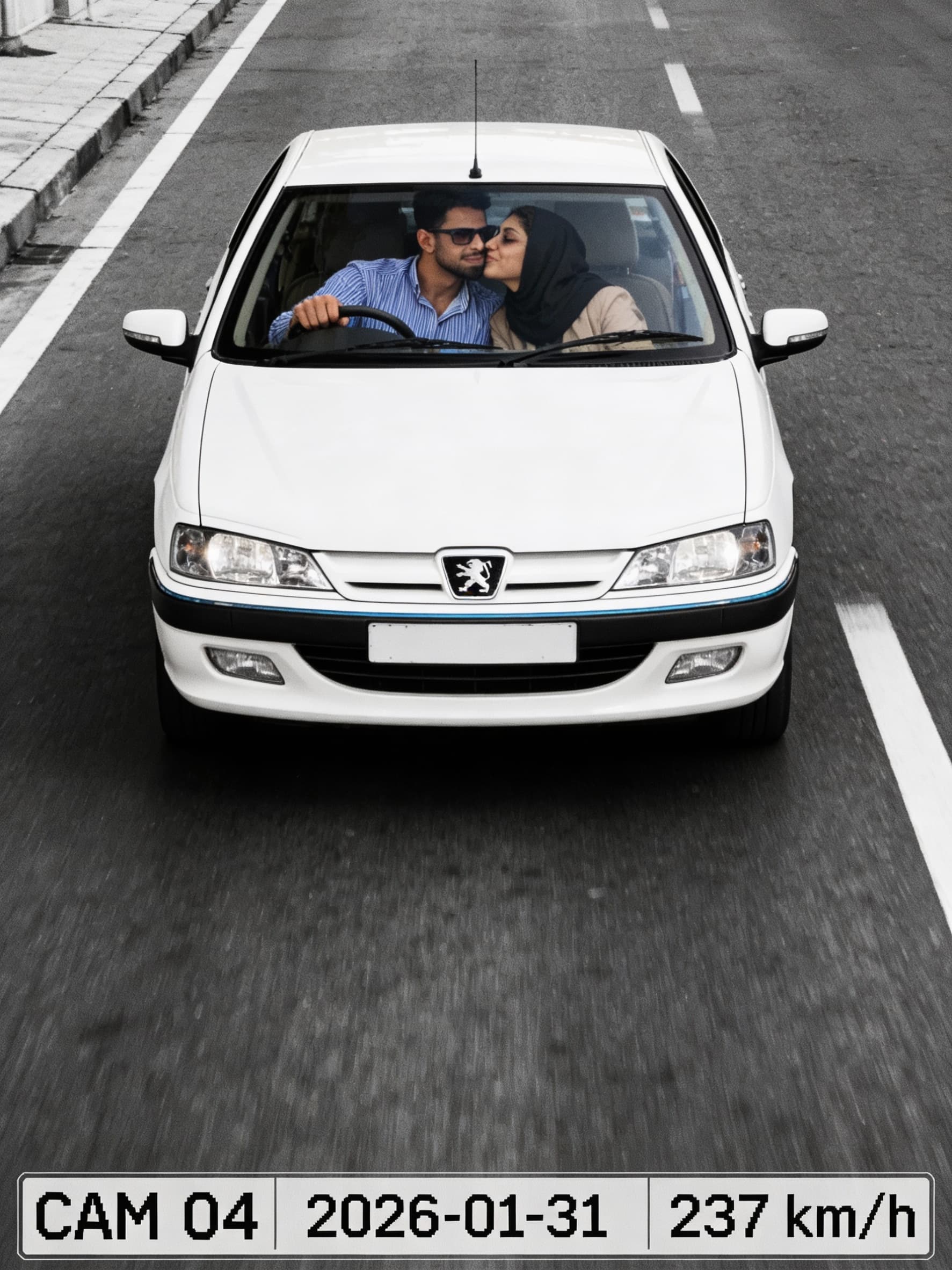 AI generated: Black-and-white photorealistic street shot in the style of a traffic surveillance camera. View stric...