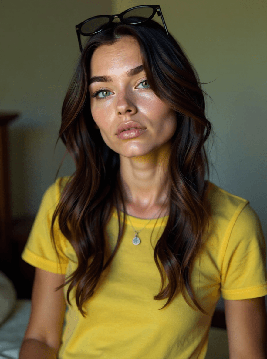 AI generated:  girl in a yellow shirt is posing, soft, atmospheric lighting --chaos 33 --ar 1:2 --profile yruxpc2 ...