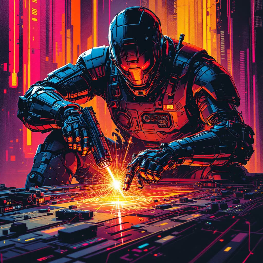 AI generated: Pintores pintando prédio estilo cyberpunk futurista robóticos pintores com ferramentas a laser