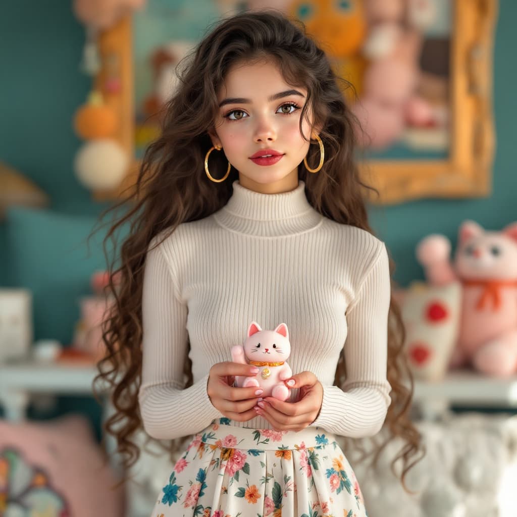 AI generated: A beautiful  teen girl, bright brown eyes, red lips, brown hair so long and curly, detailed intricat...