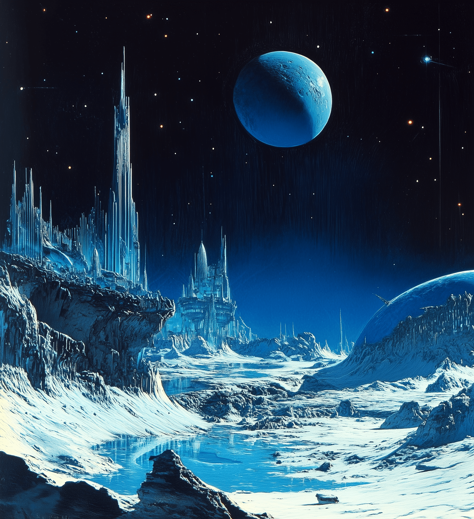 AI generated: a blue planet with an alien city on the horizon, by Roger Dean and Wayne Barlowe --ar 53:58 --v 6.1
