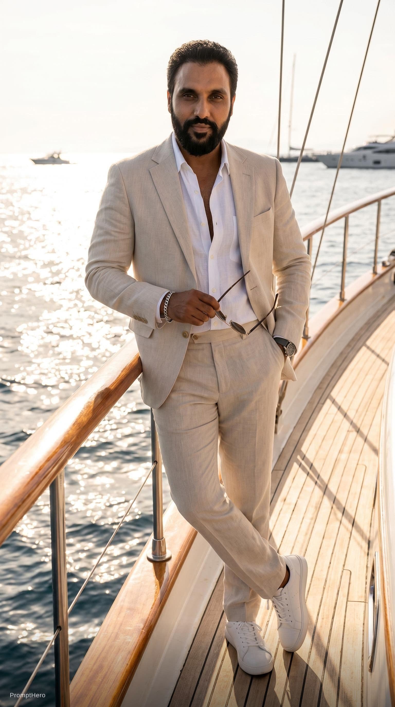 AI generated: Create a high-end fashion image of a male model wearing a tailored summer suit with an open shirt. P...