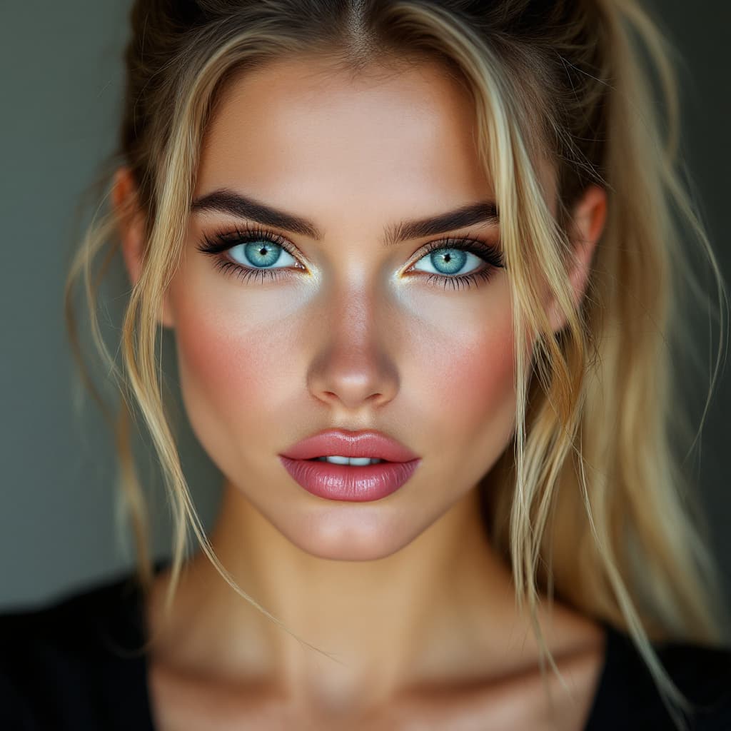 AI generated: Hyper realistic Photograph of a model with Light blue almond shaped eyes,Wide cheekbones,Defined che...