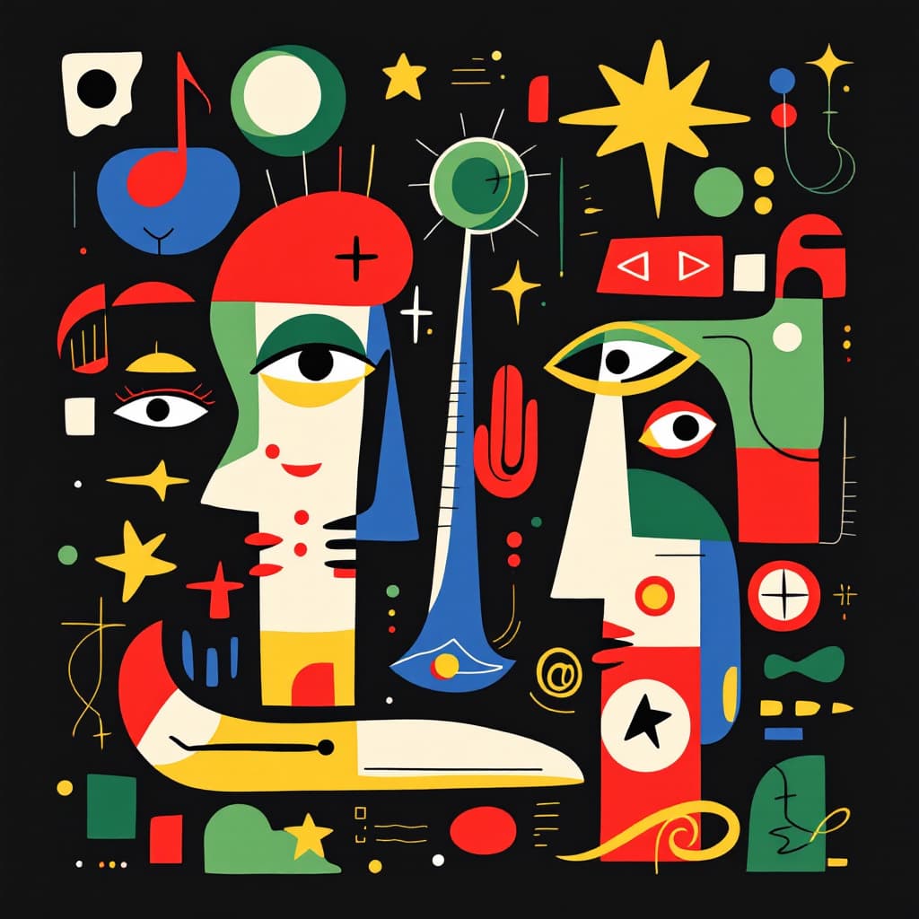 AI generated: Abstract vector illustration of various symbols and characters, including musical notes, eyes with d...