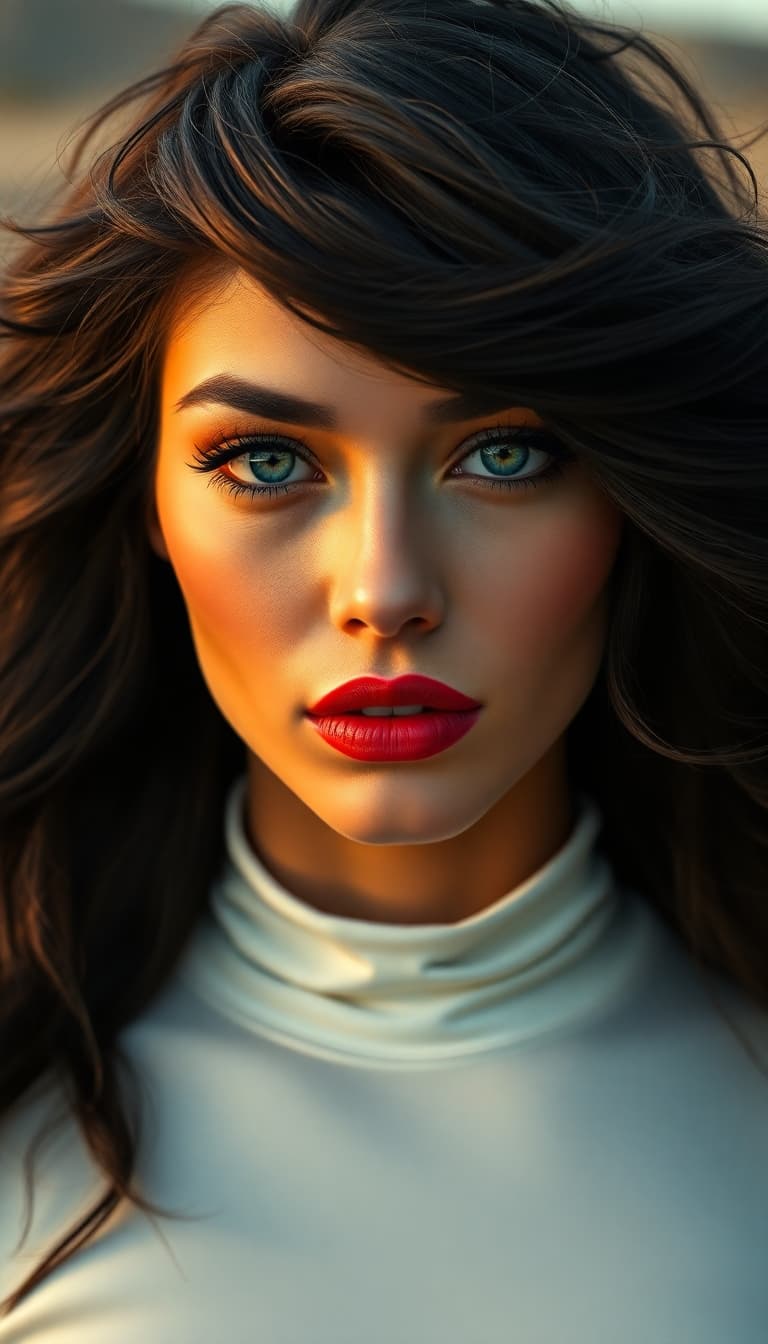 AI generated: "Image is a high resolution close up head and shoulders portrait. A supermodel, early 20's, fair ski...