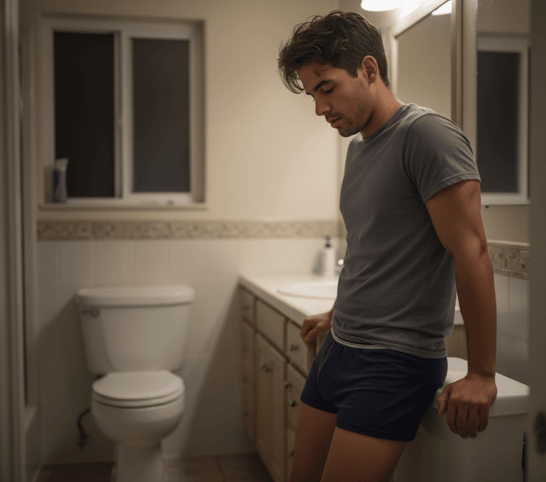 AI generated: Hispanic male, brown skin 5'0" tall, he is standing next to the toilet,  wearing a gray shirt and na...