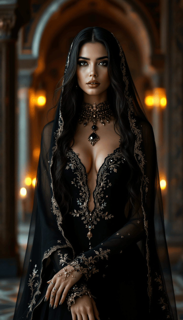 AI generated: /imagine prompt: An incredibly beautiful Arabian woman with striking black eyes and long dark hair, ...
