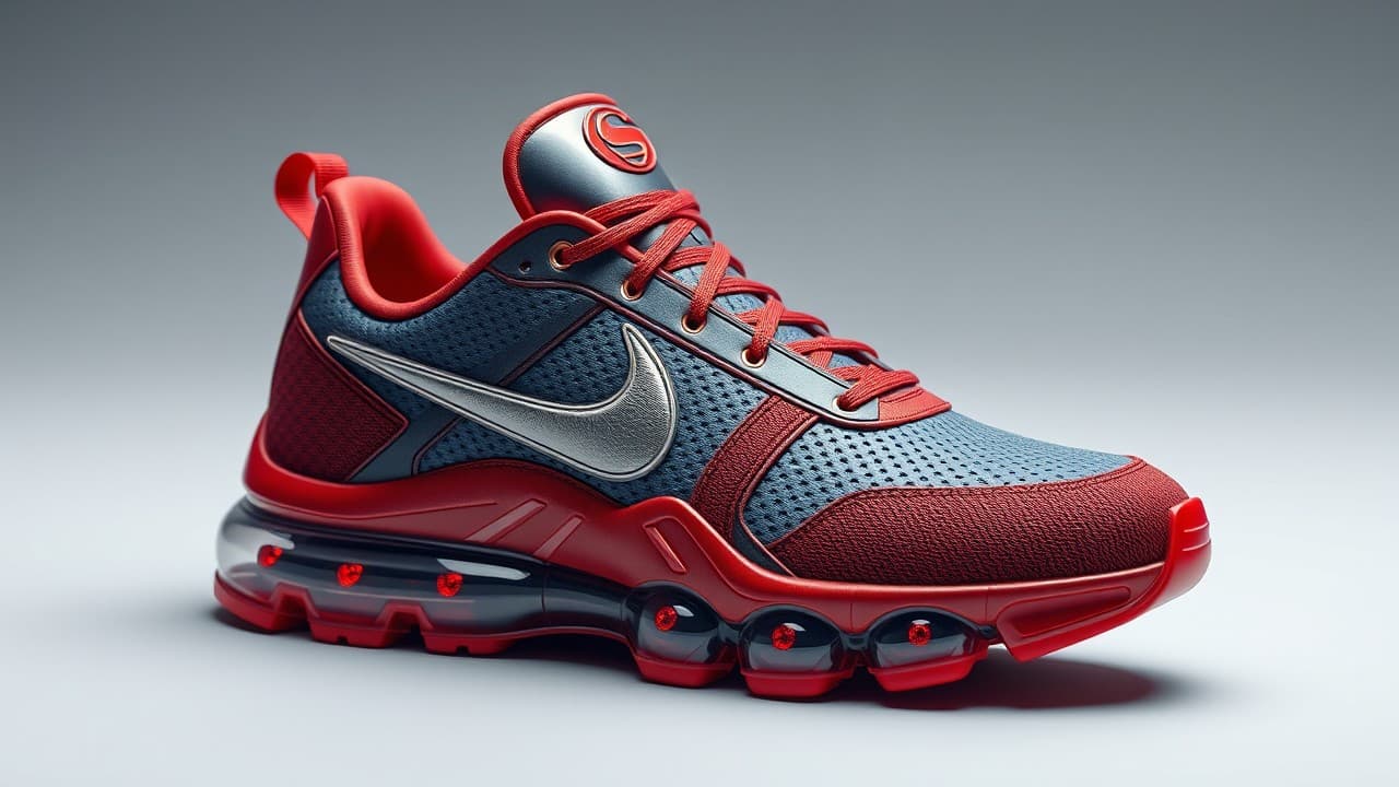 AI generated: Exceptionally detailed Nike sneaker design inspired by Superman, crafted with meticulous precision, ...