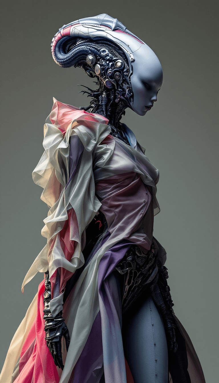AI generated: Alien Fashion Editorial with Shifting Forms: A series of photorealistic images capturing an alien be...