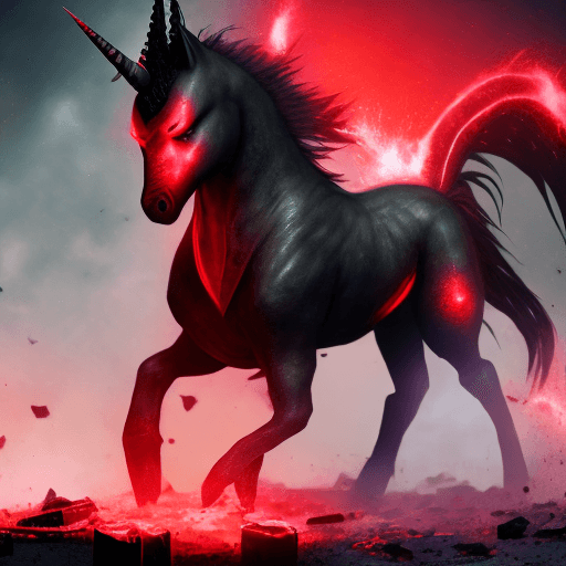 AI generated: An (evil) coal black (unicorn), mad red eyes, threatening, rear up, athletic, in the style of furaff...