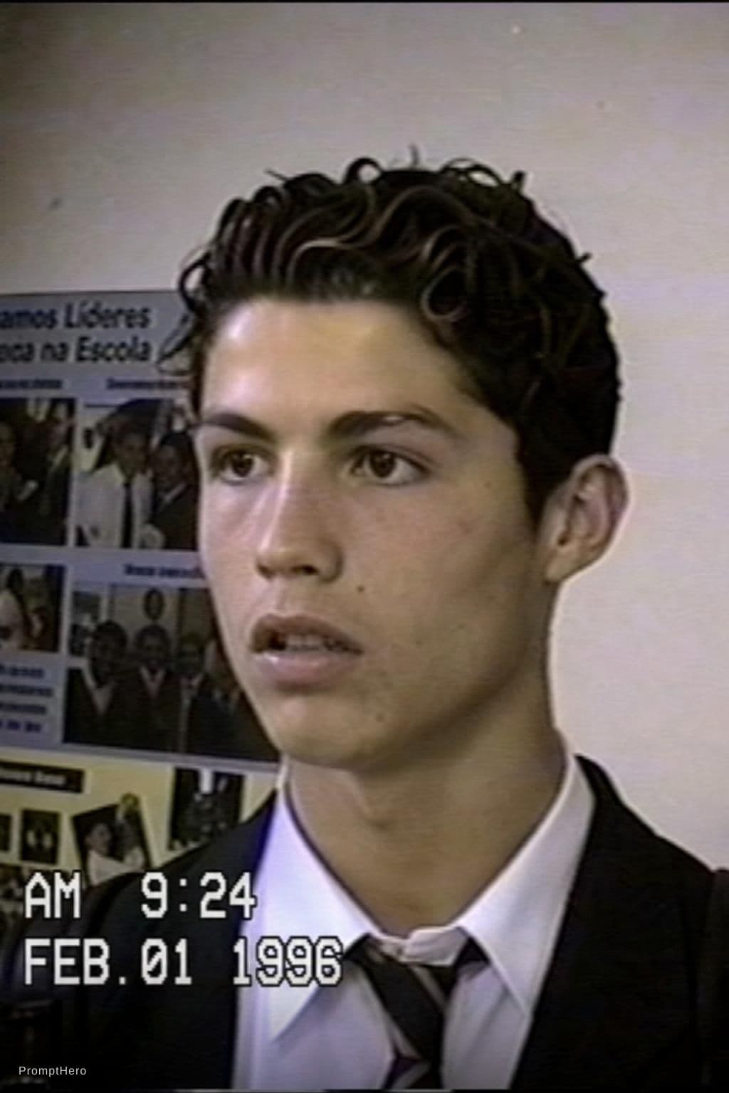 AI generated: Image of Cristiano Ronaldo from a VHS camcorder recorder in a highschool in Feb of 1996. Same grain ...