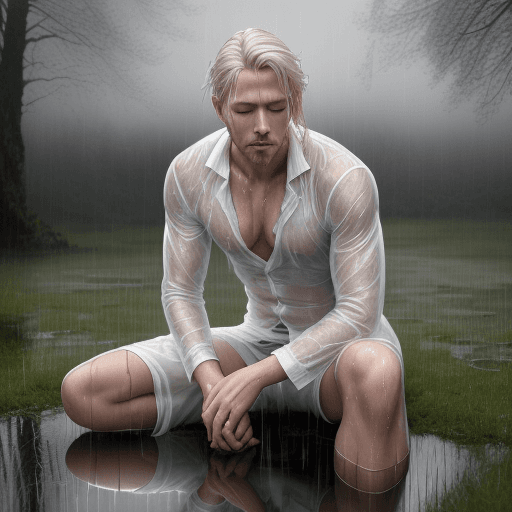 AI generated: HDR photo of scandinavian man with middle blond hair, eyes closed, white underwear, clinging clothes...