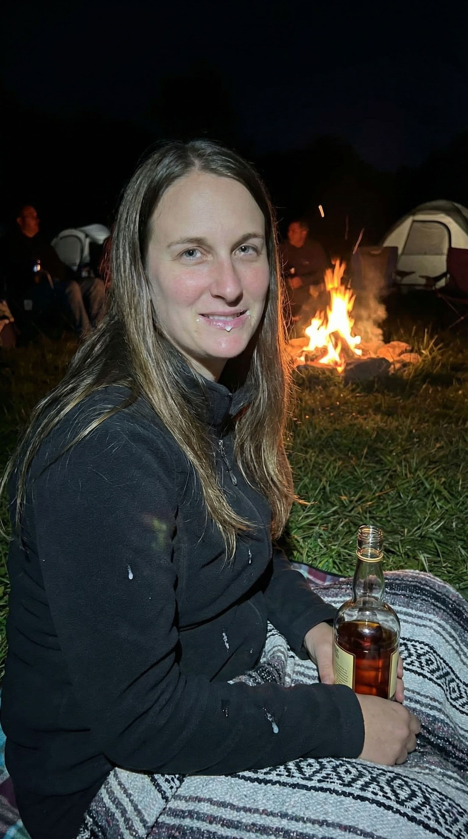 AI generated: 35 year old beauty in a camp by night, long dark blonde hair,fucking anal around a fire, campsite, f...