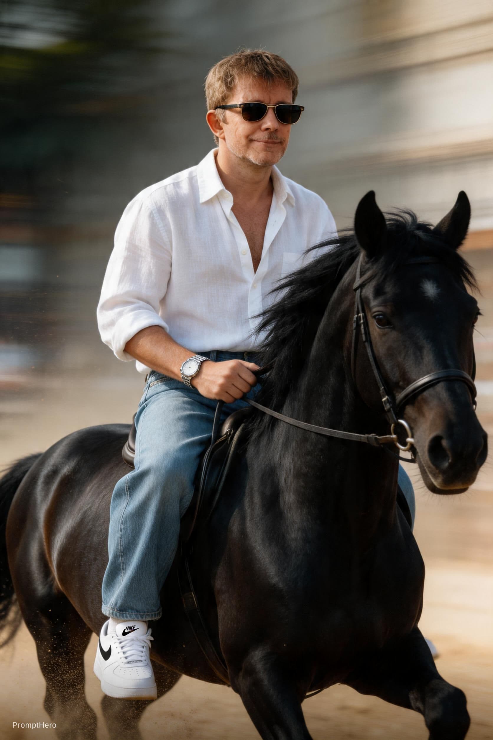 AI generated: Scene: The character in the uploaded photo is riding a powerful, black, hairy horse, captured from a...