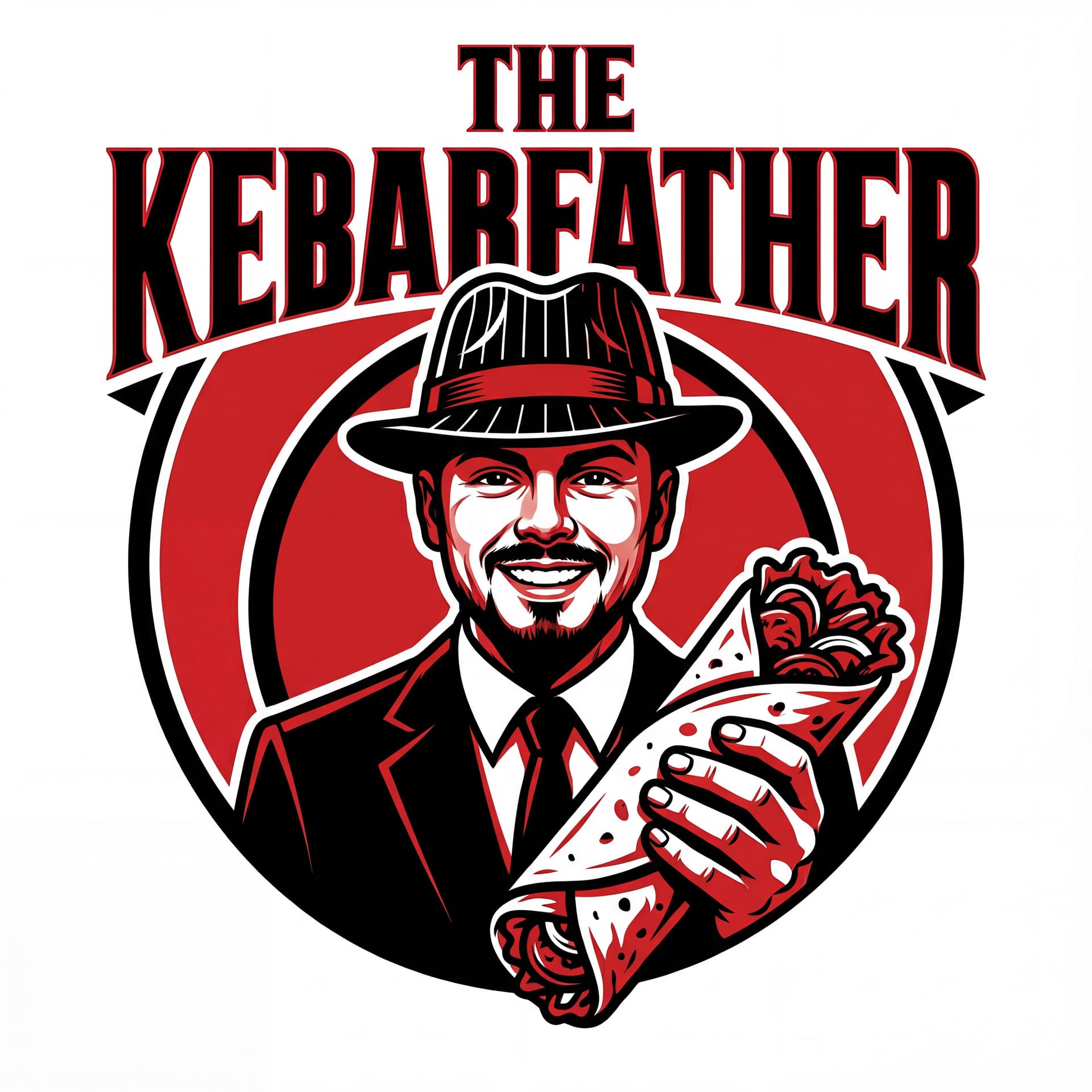 AI generated: Make  a mafia boss with the face of input image 1 with mafia hat holding with two hands a doner keba...