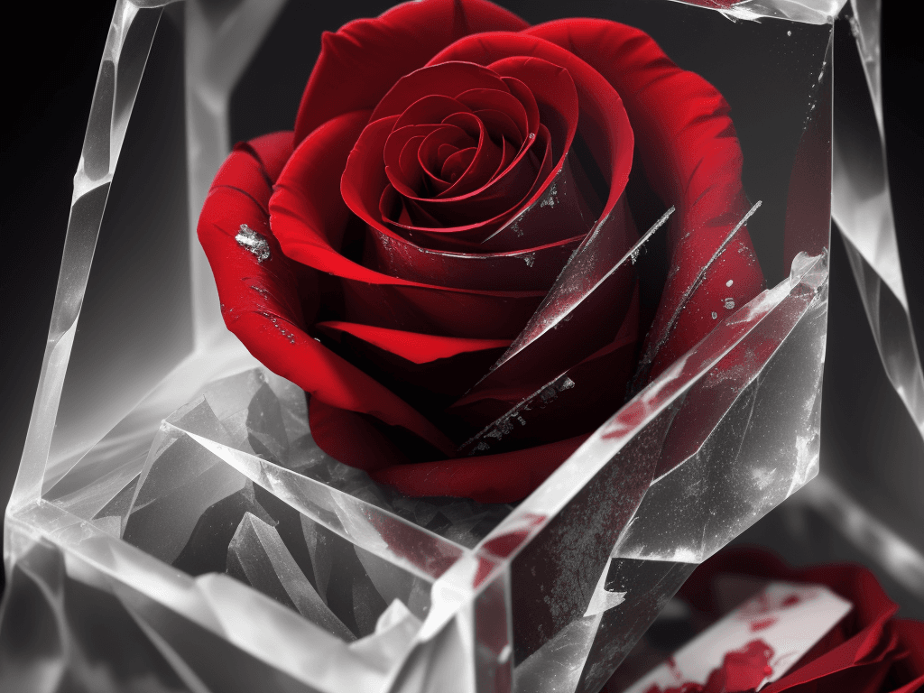 AI generated: close-up photo of a beautiful red rose breaking through a cube made of ice , splintered cracked ice ...