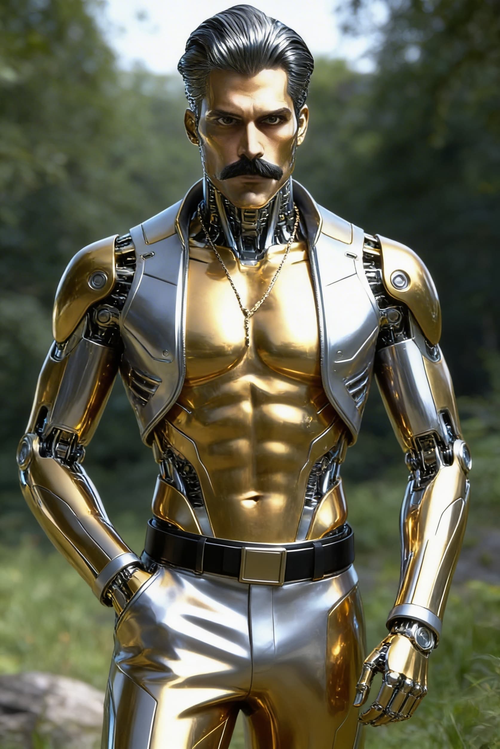 AI generated: Be inspired and create from reference. a golden-silver being, powerful, loving. From flesh to sleek ...