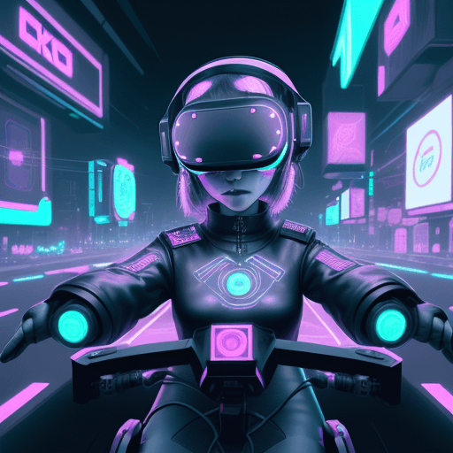 AI generated: A teenage girl in a cyberpunK outfit, wearing a VR helmet and a ride-through, remotely controls a hi...