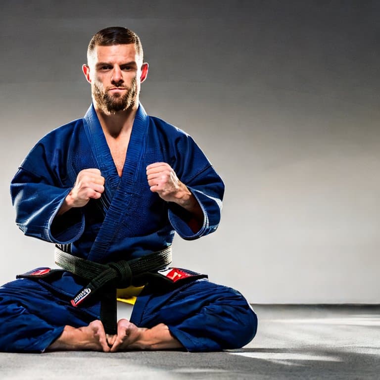 AI generated: 8k wide view photo shot of brave and strong  jiu jitsu fighter with black gi, looking at the viewer,...