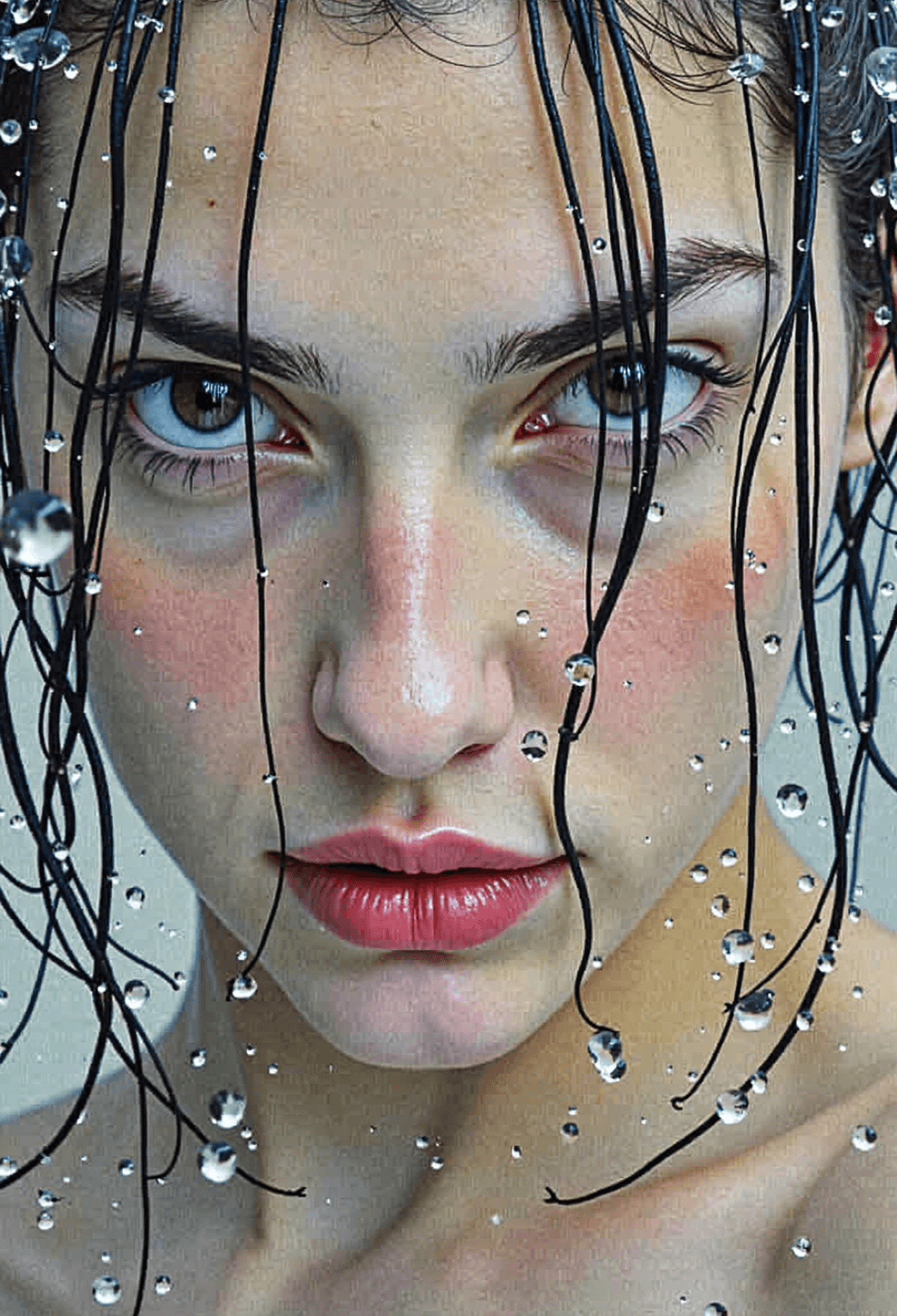 AI generated: An intense close-up portrait of a woman with wet hair hanging in strands across her face, water drop...