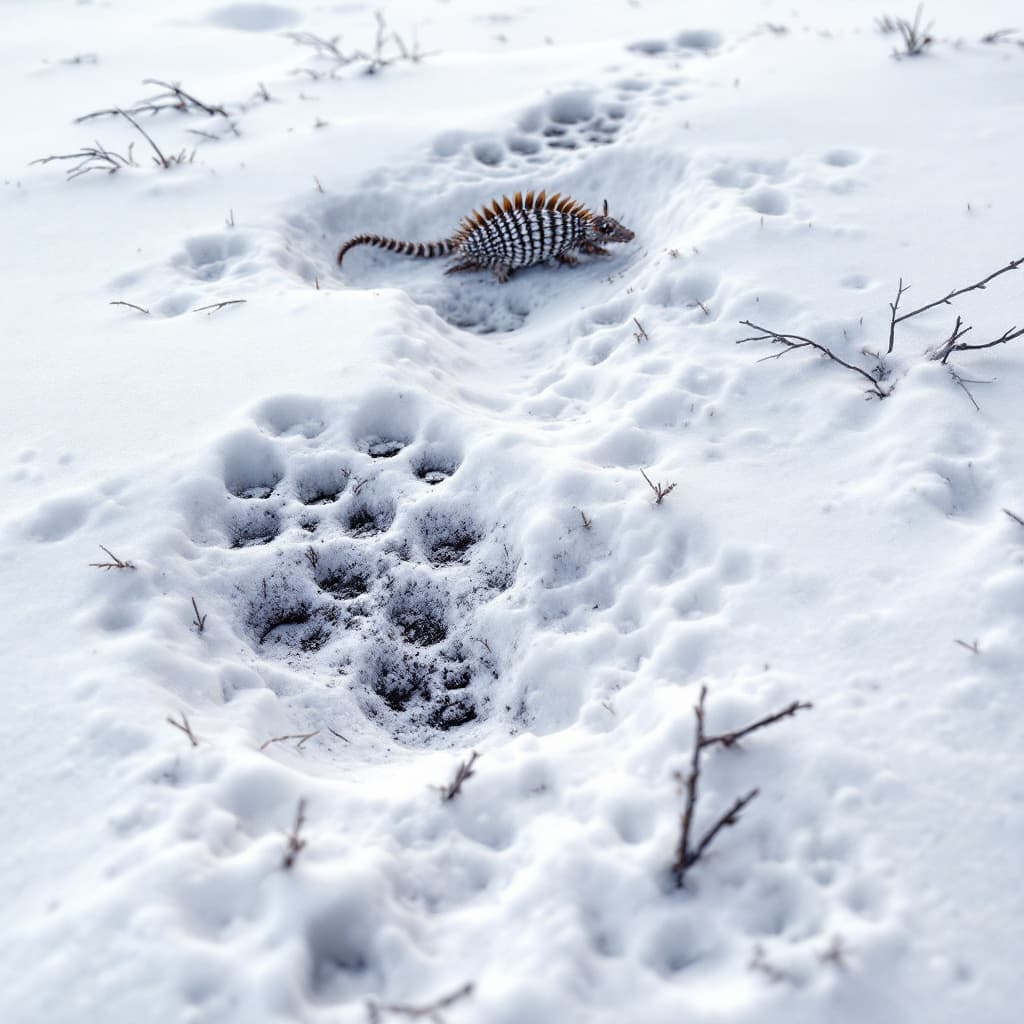 AI generated: •  3D armadillo tracks in the snow, leading to a burrow.