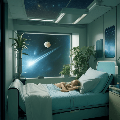 AI generated: planet orbiting sci-fi hospital room, with plants, with hot female blond nurse tending bedside, the ...