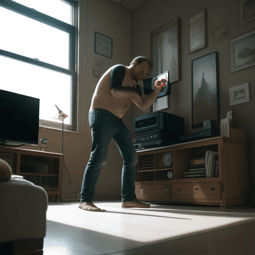 AI generated: High resolution photography , man dropping his TV on to his hand, catroon, wide angle, kinkfolk phot...