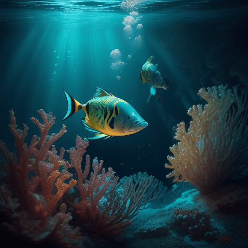AI generated: (diving underwater scenery:1.3), diving equipment, luminous fish, Fish glowing in red and blue, hype...
