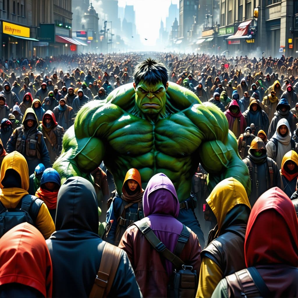 AI generated: millions of hood people versus the hulk, hundreds perish, photorealistic