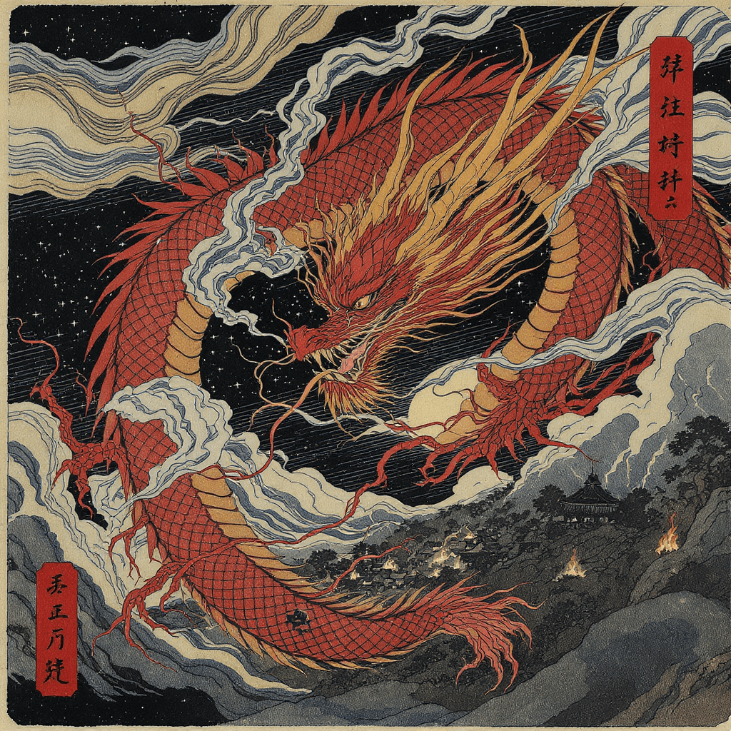 AI generated: Japanese Dragon, a ferocious crimson dragon soaring through a stormy sky, sharp claws extended, smok...