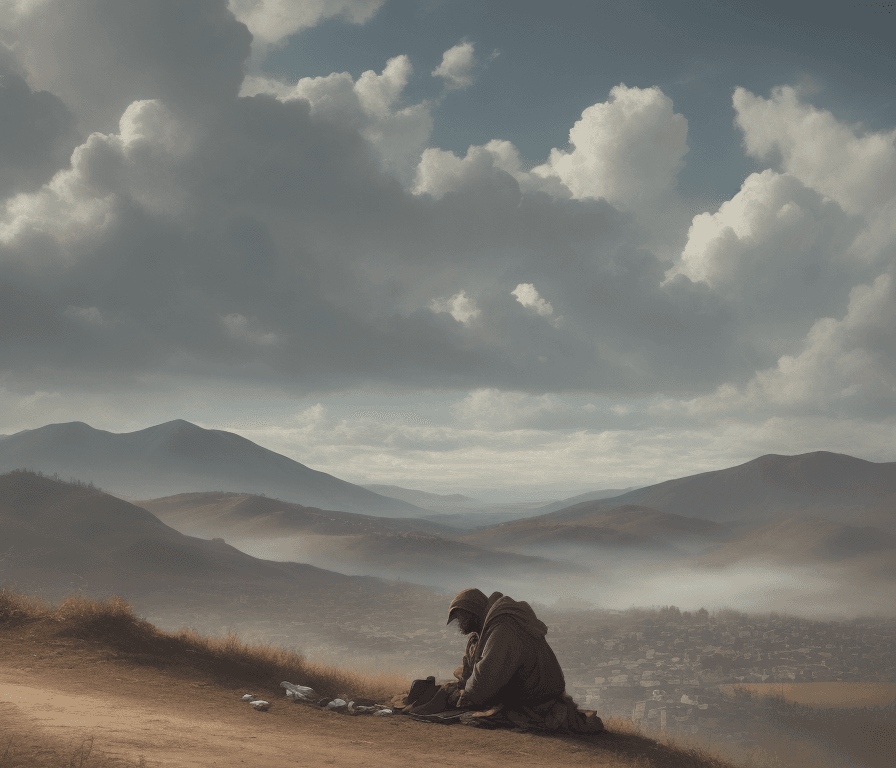 AI generated: a matte painting of a homeless over the hill, spring theme, retro, super detailed, 8k, film grain, a...