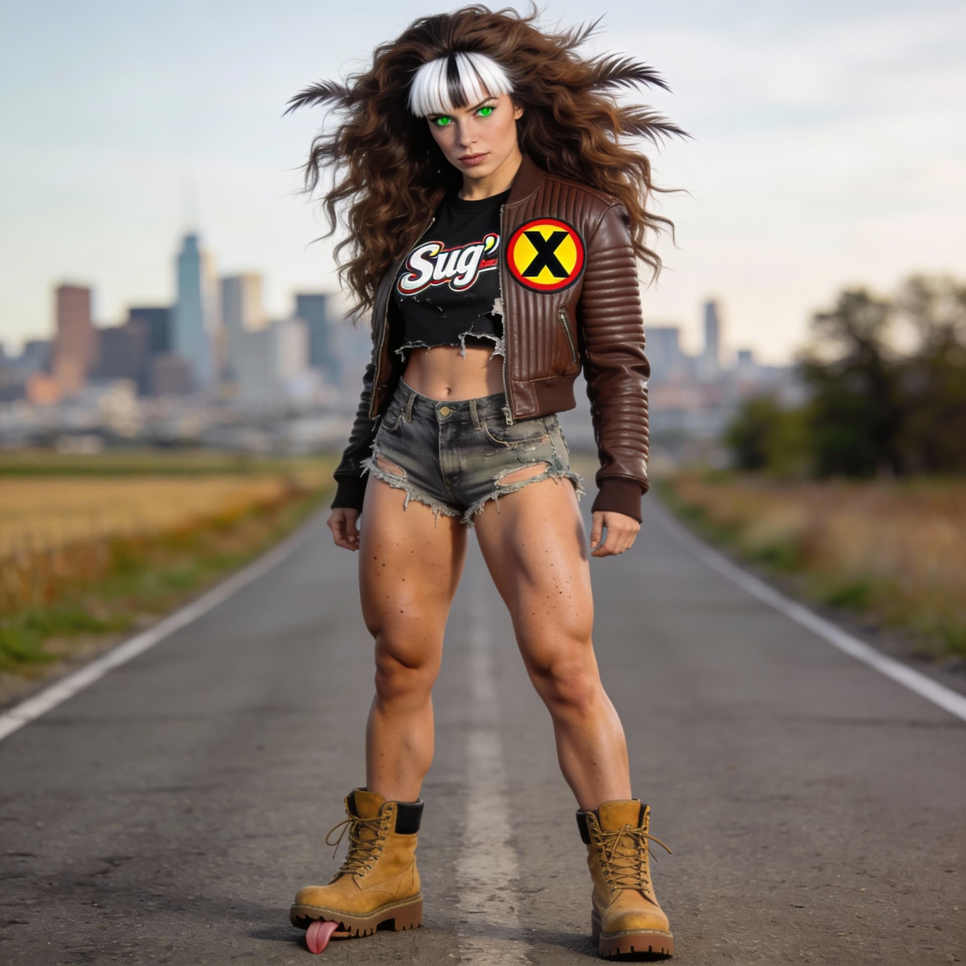AI generated: A real life Rogue from X-Men, she should have a long, wavey, highly stylized, voluminous 80s-inspire...