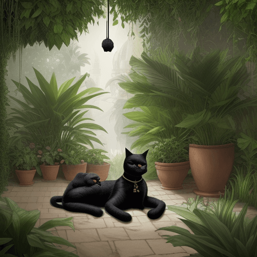 AI generated: The hanging gardens of ancient babylon. Heat and humidity. Vegetation. A black cat and a black small...