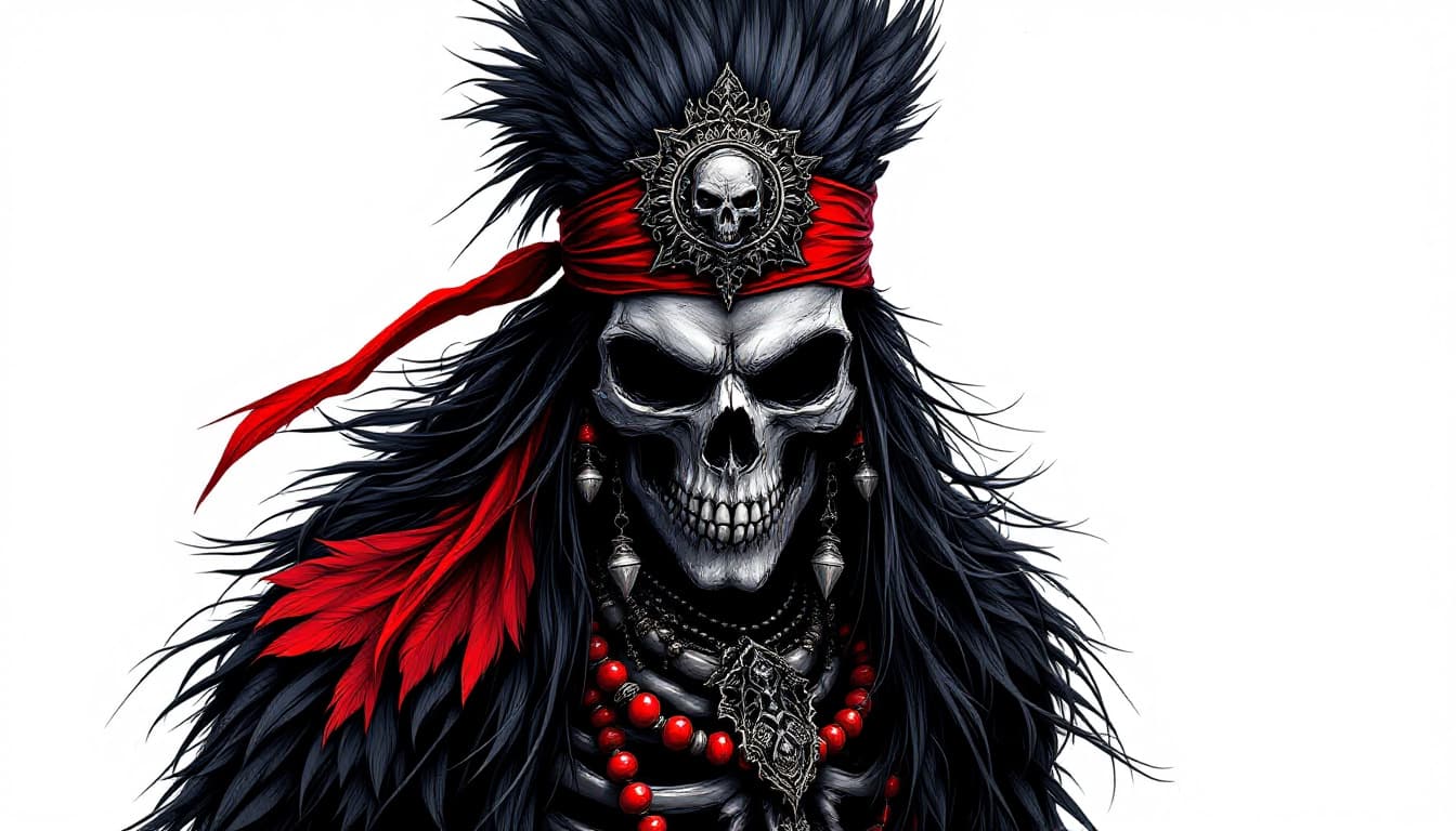 AI generated: A hyper-detailed, dark fantasy artwork of a menacing skull-faced tribal warrior, adorned with a crim...