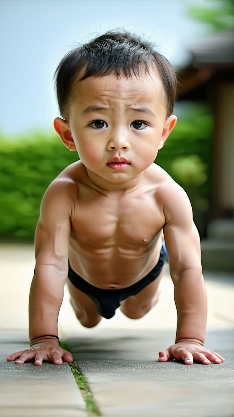 AI generated: A baby 2 years old from japon With a muscular physique  bodybuilder doing push-up exercise while loo...