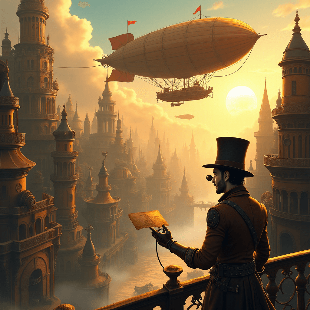 AI generated: [A majestic airship floats above a breathtaking steampunk-style city. Gears, tubes and Victorian arc...