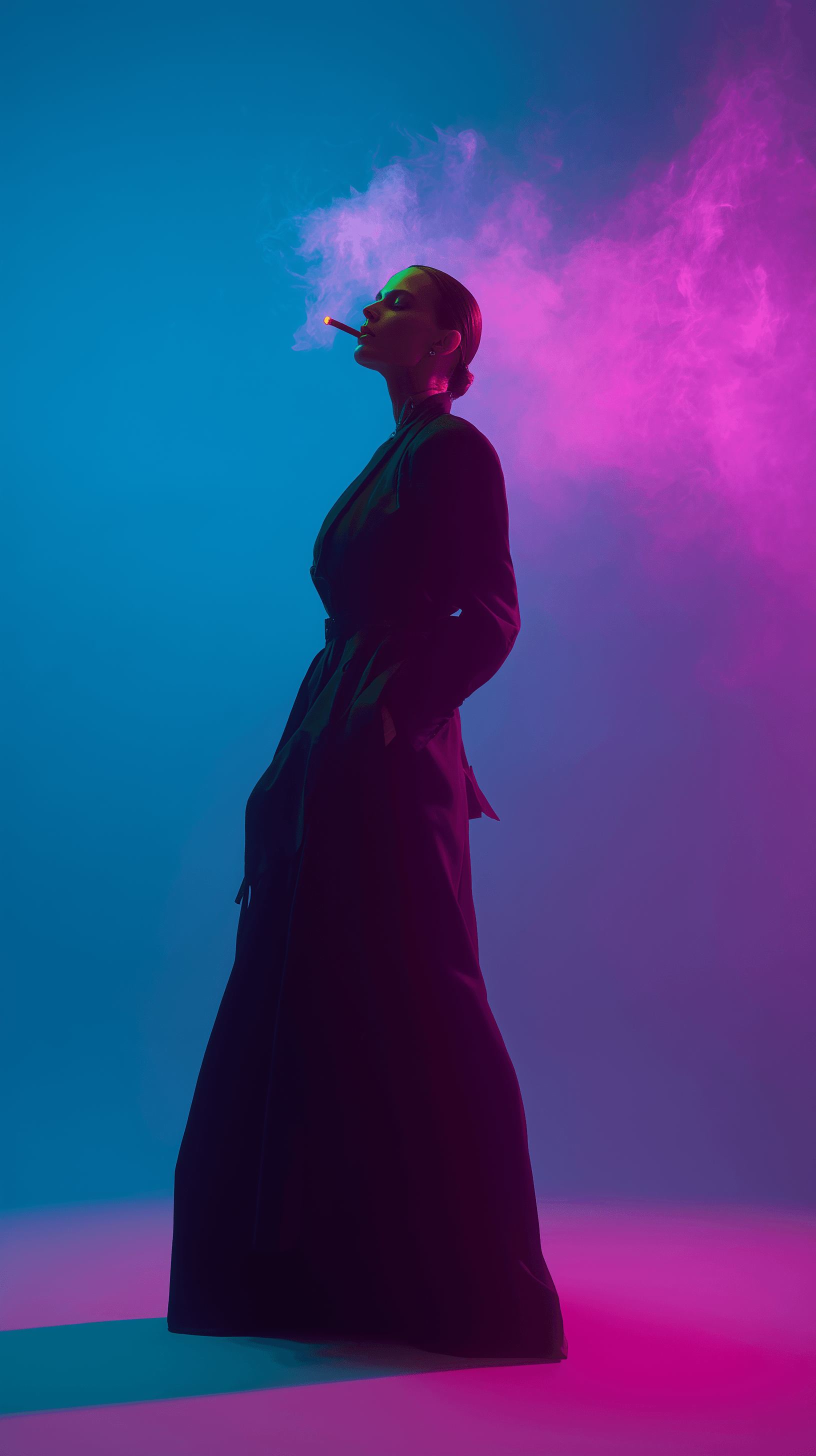 AI generated: photography, woman model, full-body profile, avant-garde style, smoking, haze of smoke, used camera ...