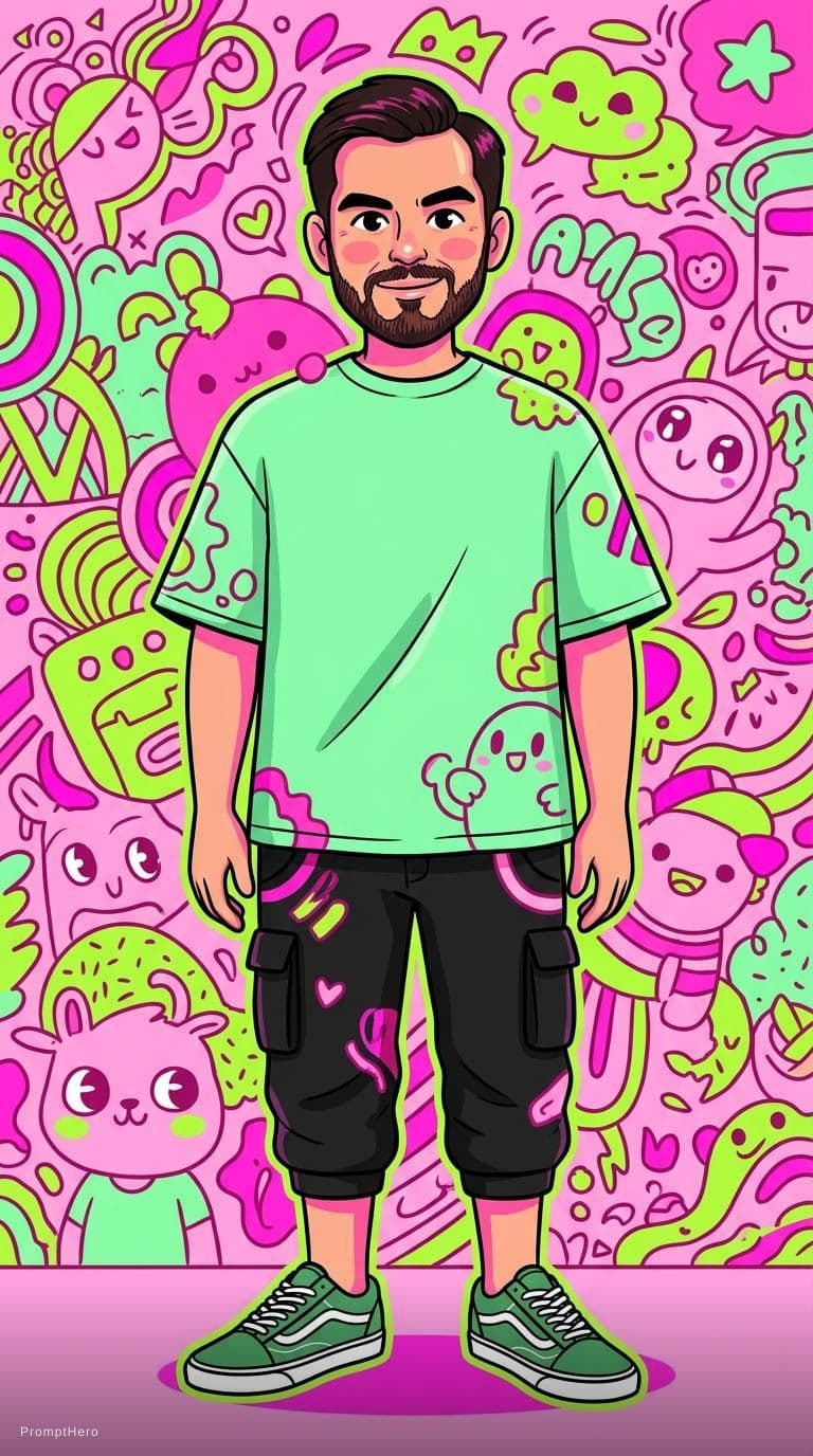 AI generated: use attached image for the face. creative illustration art, full-body of an man, wearing a mint gree...